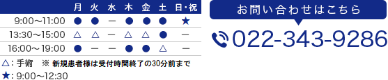 9:00~11:30／13:00~15:30／16:00~20:30　TEL:022-343-9286